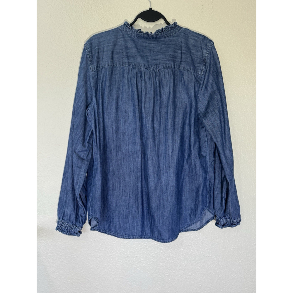 Talbots Womens L Denim Chambray Top Ruffle Neck Henley Blouse Long Sleeve - Picture 4 of 8